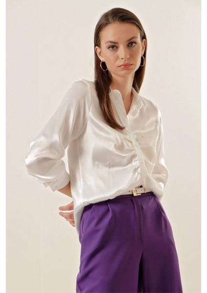 Soonaksesuar 20112 Büzgülü Saten Gömlek - Beyaz modelleri