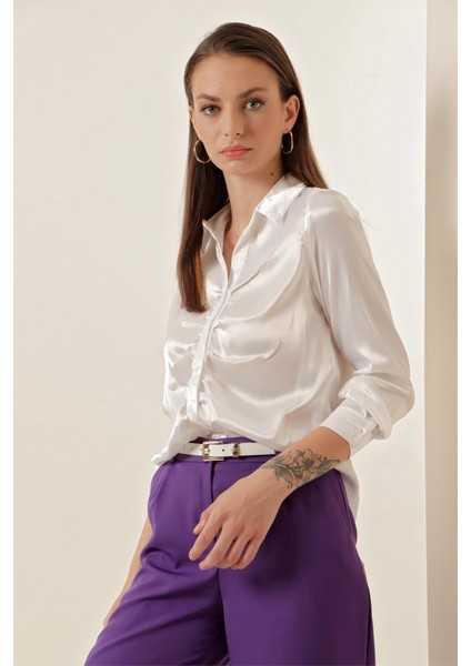 Soonaksesuar 20112 Büzgülü Saten Gömlek - Beyaz fırsatları