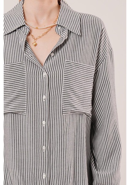 Soonaksesuar Yarasa Kol Çizgili Cep Detaylı Gri Gömlek modelleri