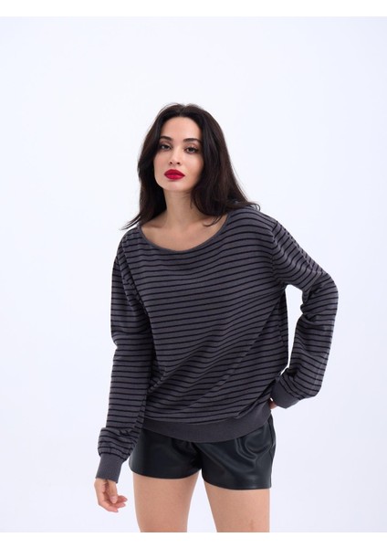 Soonaksesuar 4215 Triko Çizgili Salaş Kazak-Antrasit-Siyah