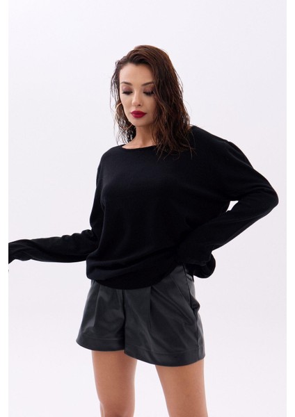 Soonaksesuar 4216 Triko Düz Salaş Kazak-Siyah