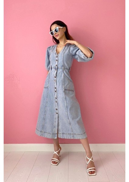 Soonaksesuar Kar Yıkama Balon Kol Kot Elbise modelleri