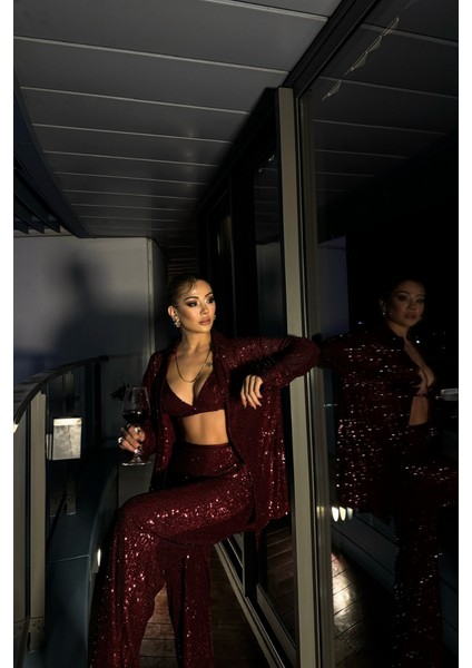 Soonaksesuar Pul Payet 3 Lü Takım - Ceket-Büstiyer-Pantolon - Bordo