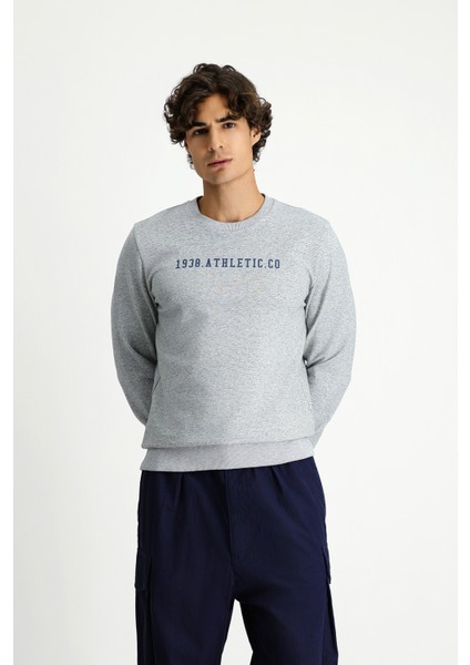 Regular Fit Bisiklet Yaka Pamuklu Ketenli Baskılı Sweatshırt