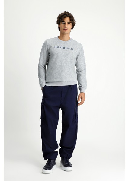 Regular Fit Bisiklet Yaka Pamuklu Ketenli Baskılı Sweatshırt fiyatları