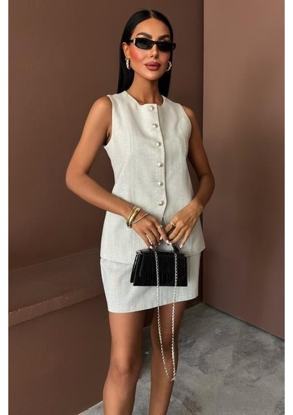 Soonaksesuar Uzun Yelek Mini Etek Flamlı Keten Takım 10148