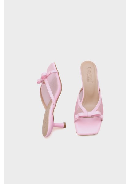 Kadın Orta Topuklu Fileli Fiyonklu Terlik Suni Deri indirimleri