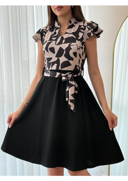 Soonaksesuar Kadın Kısa Kollu Kolu Fırfır Detay Mini Kuşaklı Kloş Krep Elbise modelleri