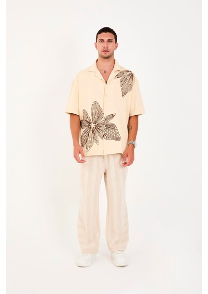 R-6094 Apaç Yaka Nakış Detaylı Kısa Kol Süprem Gömlek