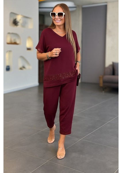 Soonaksesuar Kadın Kısa Kollu V Yakalı Pul Payetli Viskon Iki Iplik Bluz ve Pantolon Ikili Takım fiyatları