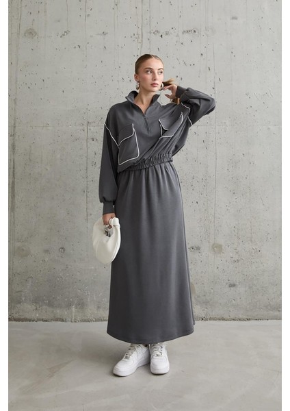 Soonaksesuar Füme Biyeli Sweatshirt ve Etek Takım