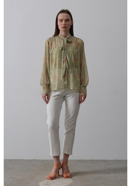 Soonaksesuar Yakası Fularlı Şifon Gömlek - Fıstık Yeşili fiyatları