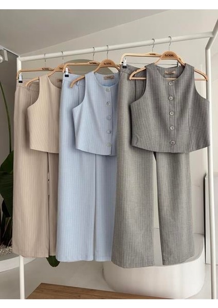 Soonaksesuar Yelek Plazzo Pantolon Çizgili Flamlı Poliviscon Takım 10178