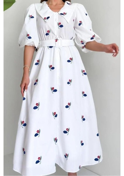 Soonaksesuar Kırmızı Yakası Çiçek Motifli Kemerli Elbise fırsatları