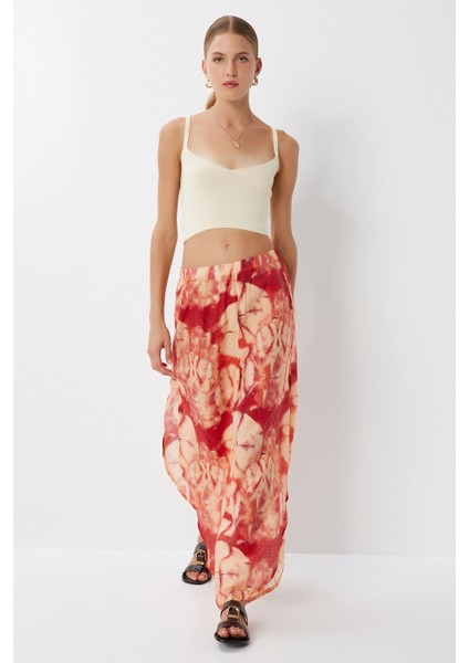 Desenli Yırtmaçlı Viskon Pantolon LFZ0008 Oranj