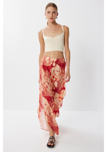 Desenli Yırtmaçlı Viskon Pantolon LFZ0008 Oranj fiyatları