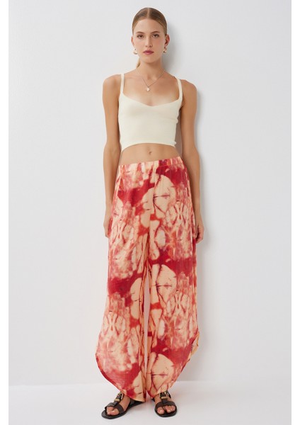 Desenli Yırtmaçlı Viskon Pantolon LFZ0008 Oranj modelleri