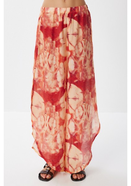 Desenli Yırtmaçlı Viskon Pantolon LFZ0008 Oranj fırsatları