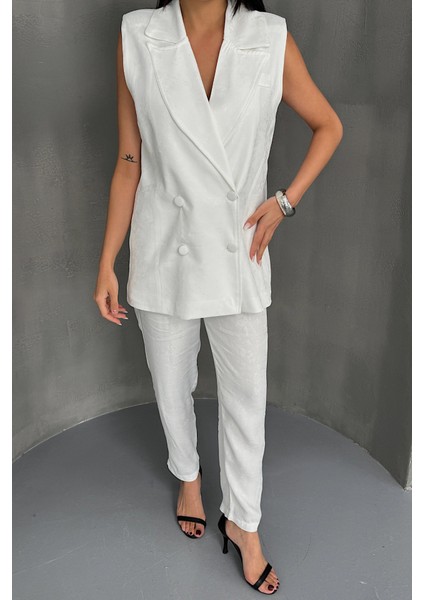 Soonaksesuar Jakar Kumaş Yelek - Pantolon Takım - Beyaz fırsatları