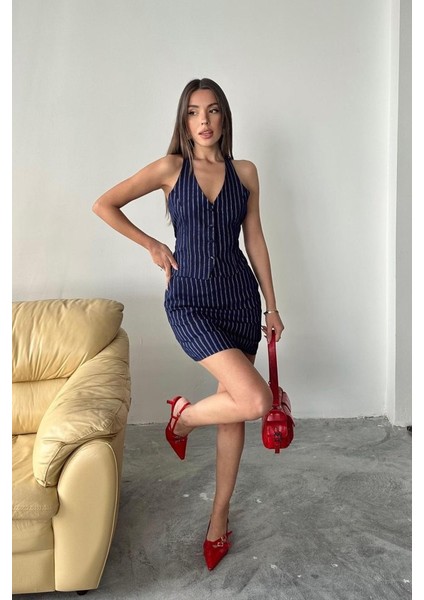 Soonaksesuar Lacivert Çizgili Yelek ve Etek Takım fiyatları