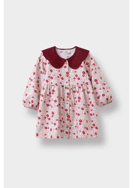 Kız Bebek Bebe Yaka Çiçekli Uzun Kollu Twill Elbise D3073A525AU