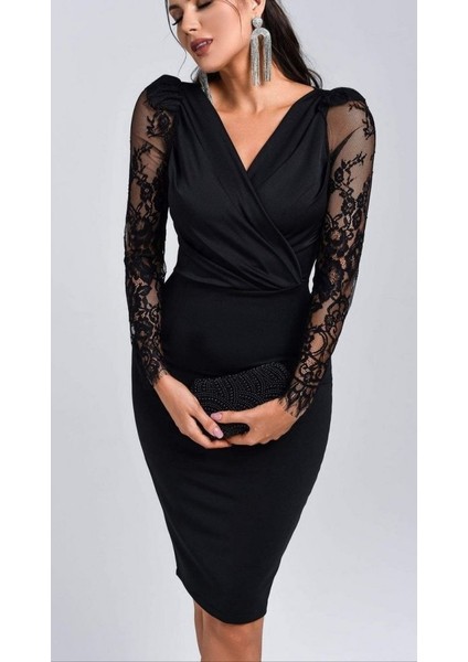 Soonaksesuar Kadın Uzun Kollu Kruvaze Yaka Kollar Tül Detay Krep Mini Boy Elbise fırsatları