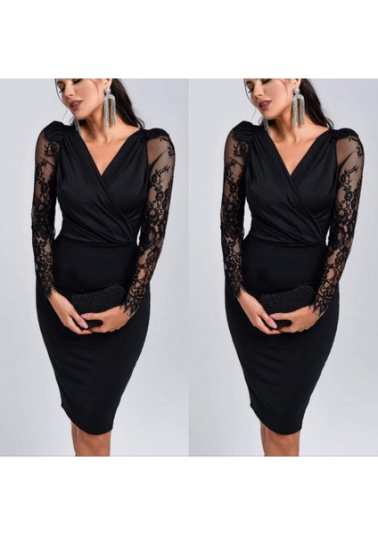 Soonaksesuar Kadın Uzun Kollu Kruvaze Yaka Kollar Tül Detay Krep Mini Boy Elbise