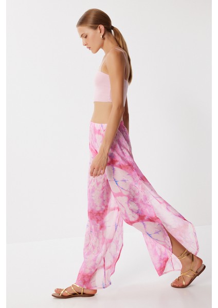 Desenli Yırtmaçlı Viskon Pantolon LFZ0008 Pembe
