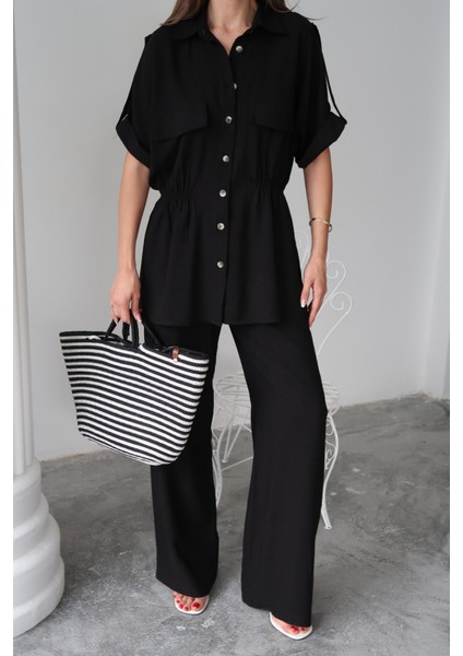 Soonaksesuar Keten Belden Büzgü Detaylı Gömlek - Pantolon Takım - Siyah fiyatları