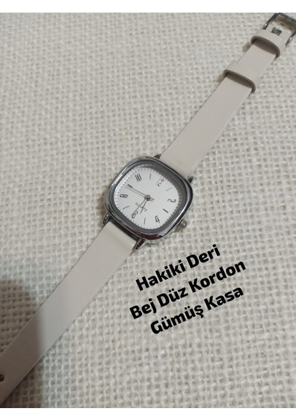 Marka Model Kare-Oval Gümüş Kasa Retro Still - Bej (Hakiki Deri) Kordon Kadın Kol Saati 0054