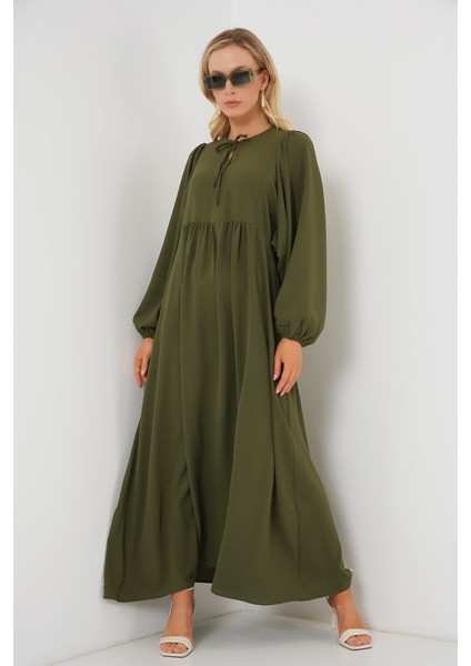 Soonaksesuar Balon Kol Uzun Tesettür Elbise 2464 - Haki modelleri