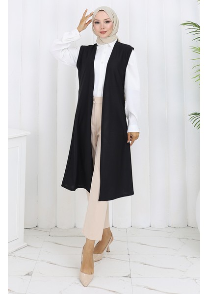 Sade Ince Basic Uzun Yelek Kadın Yelek Büyük Beden Yelek 8763-01A Siyah