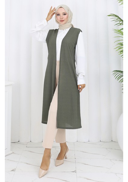 Sade Ince Basic Uzun Yelek Kadın Yelek Büyük Beden Yelek 8763-04 Haki