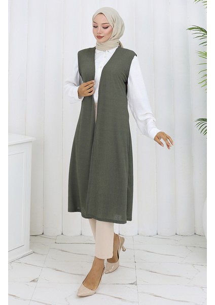 Sade Ince Basic Uzun Yelek Kadın Yelek Büyük Beden Yelek 8763-04 Haki fiyatları