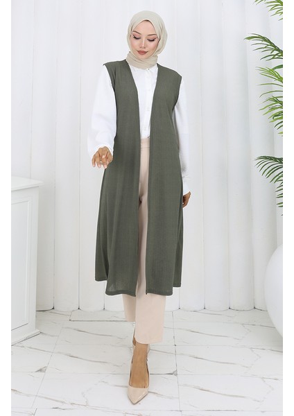 Sade Ince Basic Uzun Yelek Kadın Yelek Büyük Beden Yelek 8763-04 Haki modelleri