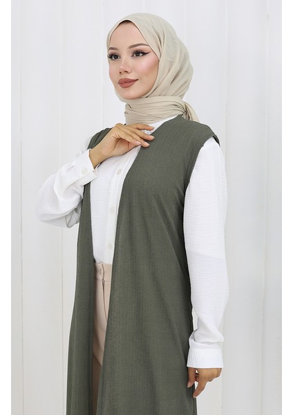 Sade Ince Basic Uzun Yelek Kadın Yelek Büyük Beden Yelek 8763-04 Haki fırsatları