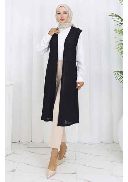 Sade Ince Basic Uzun Yelek Kadın Yelek Büyük Beden Yelek 8763-03 Koyu Lacivert