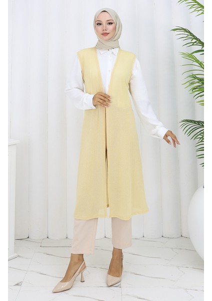 Sade Ince Basic Uzun Yelek Kadın Yelek Büyük Beden Yelek 8763-05 Açık Sarı