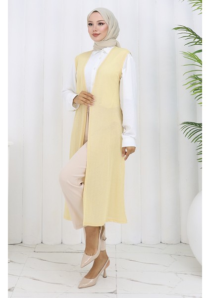 Sade Ince Basic Uzun Yelek Kadın Yelek Büyük Beden Yelek 8763-05 Açık Sarı fiyatları