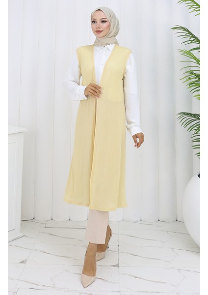 Sade Ince Basic Uzun Yelek Kadın Yelek Büyük Beden Yelek 8763-05 Açık Sarı modelleri