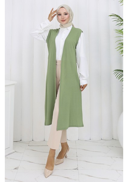 Sade Ince Basic Uzun Yelek Kadın Yelek Büyük Beden Yelek 8763-06 Yeşil