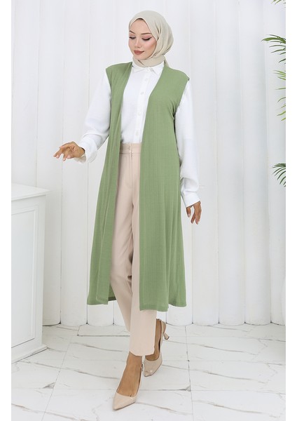 Sade Ince Basic Uzun Yelek Kadın Yelek Büyük Beden Yelek 8763-06 Yeşil fiyatları