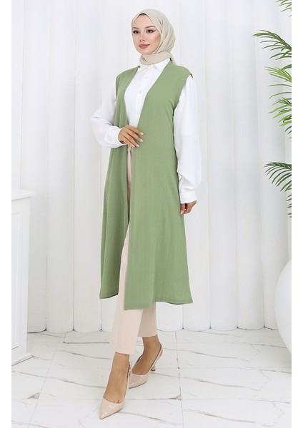 Sade Ince Basic Uzun Yelek Kadın Yelek Büyük Beden Yelek 8763-06 Yeşil modelleri