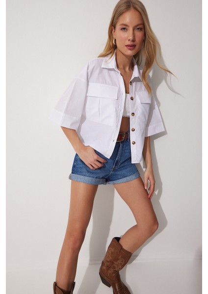 Cepli Pamuklu Kısa Poplin Gömlek LMX0105 Beyaz