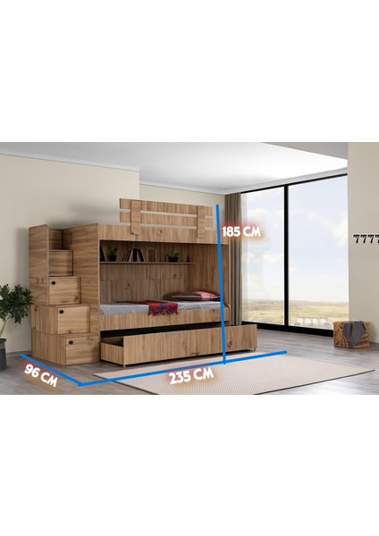 Evimşah 90 * 190 3 Lü Yavru Yataklı Ceviz / Ceviz Kitaplıklı Ranza modelleri