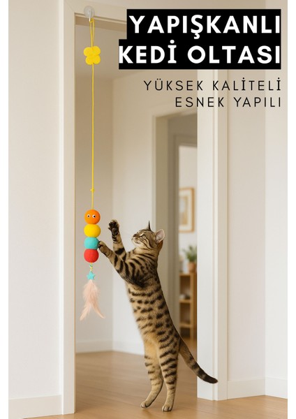 Elastik Kendinden Yapışkanlı Renkli Kedi Oyun Oltası Kedi Oyuncağı Yapışkanlı Olta Eğitim Oyuncağı