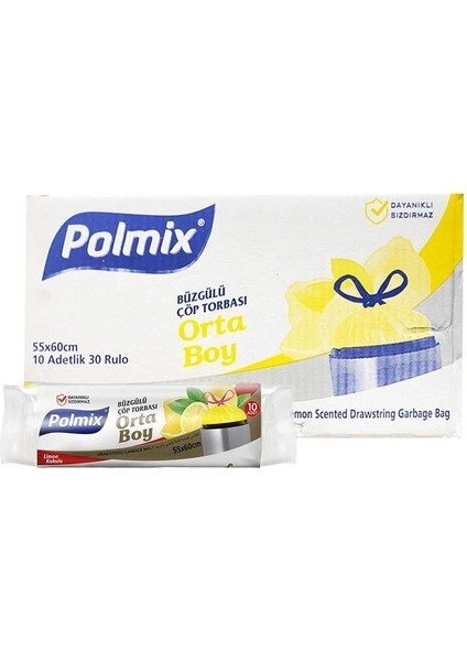 Polmix Büzgülü 55X60 cm Limon Kokulu Orta Boy Çöp Torbası 10X30 Rulo 300 Adet 63802