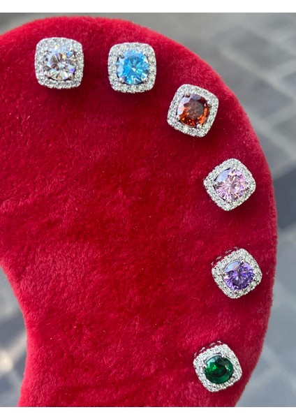 925 Ayar Gümüş Zirkon Taşlı Kare Kesim Minik Renkli Küpe