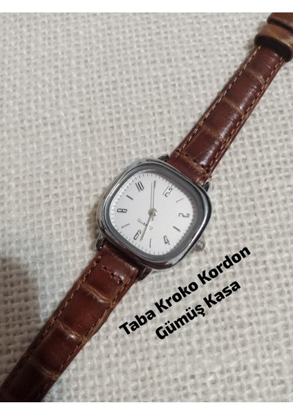 Marka Model Kare-Oval Gümüş Kasa Retro Still - Taba Kroko Kordon Kadın Kol Saati 0054