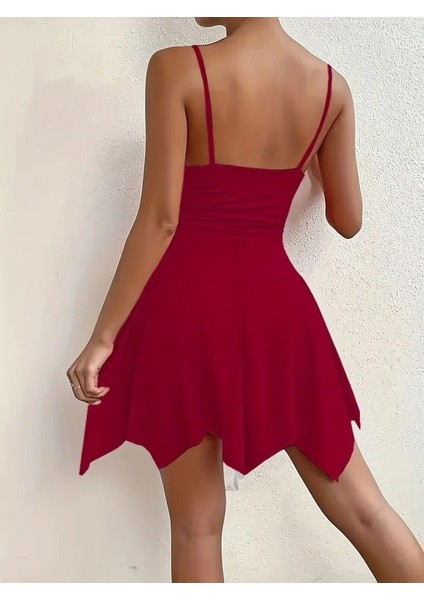 Soonaksesuar Kadın Ip Askılı V Yakalı Asimetrik Kesim Detaylı Janjan Krep Elbise modelleri